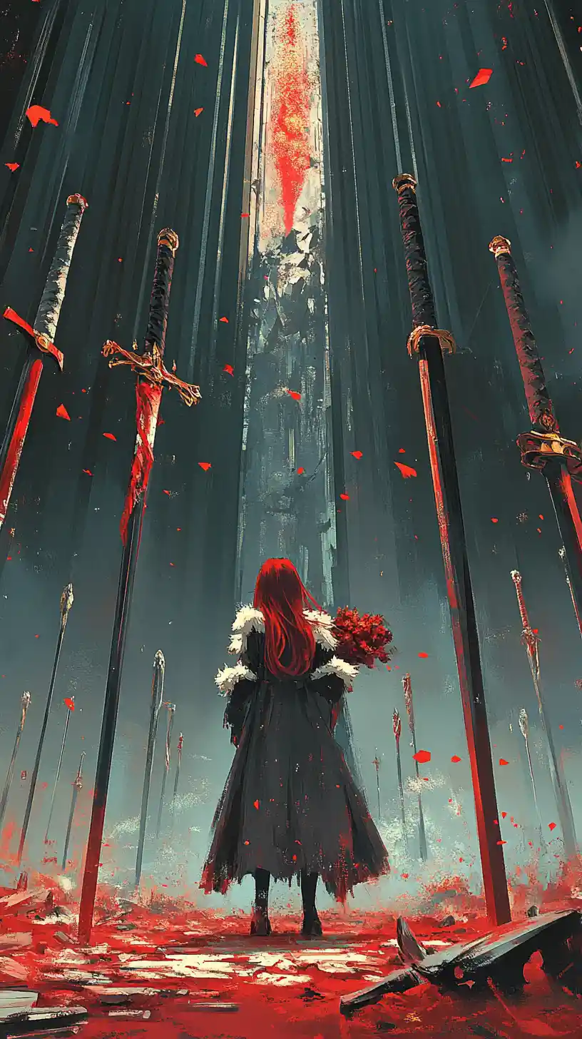 Sad girl walking through a field of transparent swords