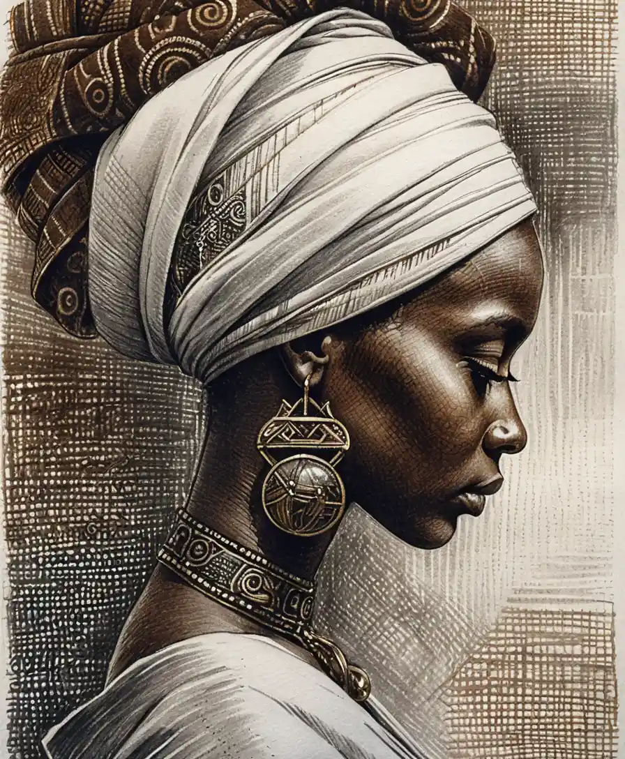 Serene profile portrait of an African woman in patterned headwrap