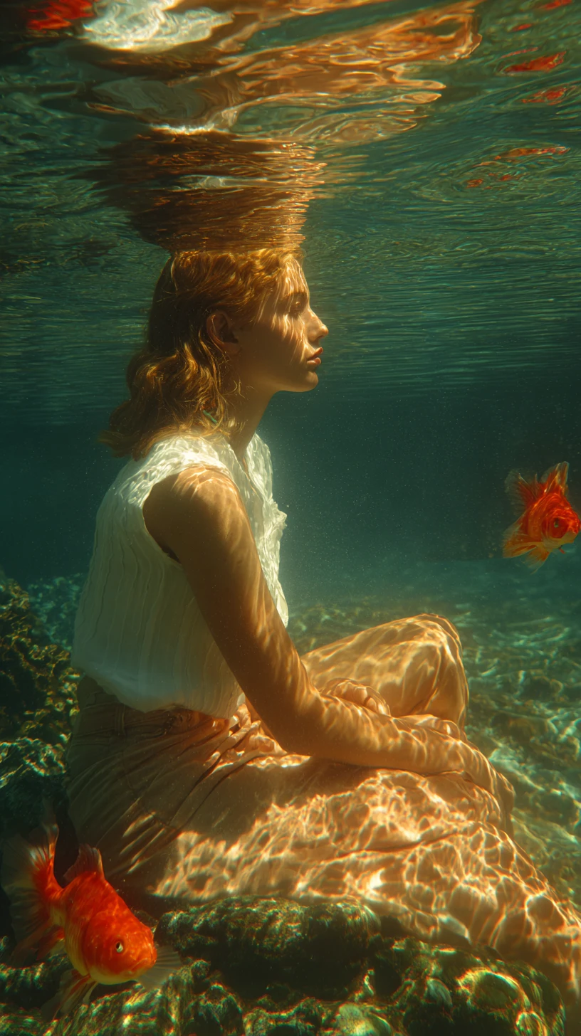 Red haired girl dreaming in turquoise split underwater scene