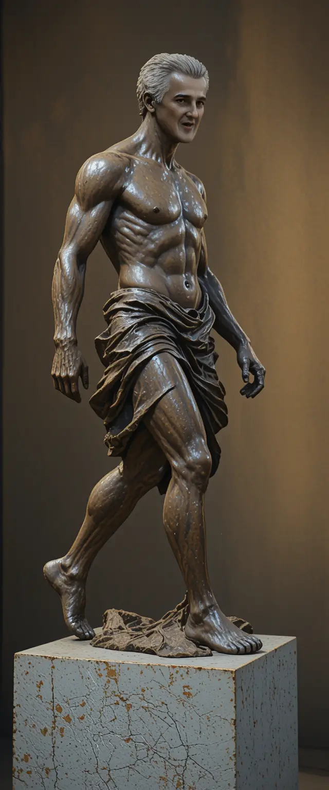 Bronze sculpture of a determined man striding forward