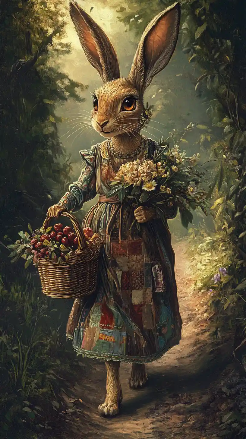 Tall rabbit lady in a folkloric dress walking in forest