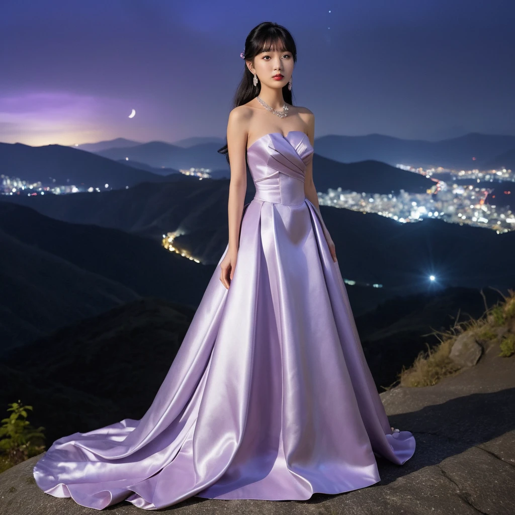 Elegant girl in purple satin gown on mountain night