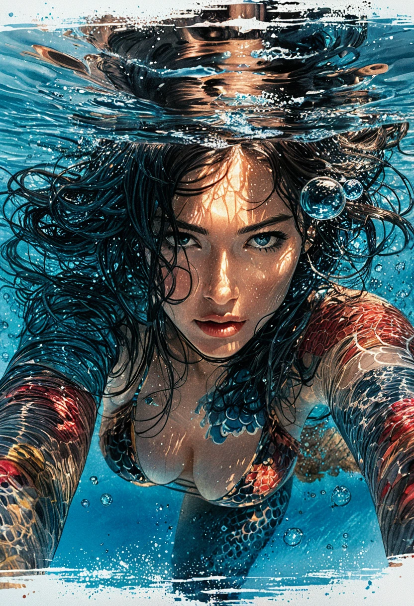 Determined woman breaking the water surface in underwater view