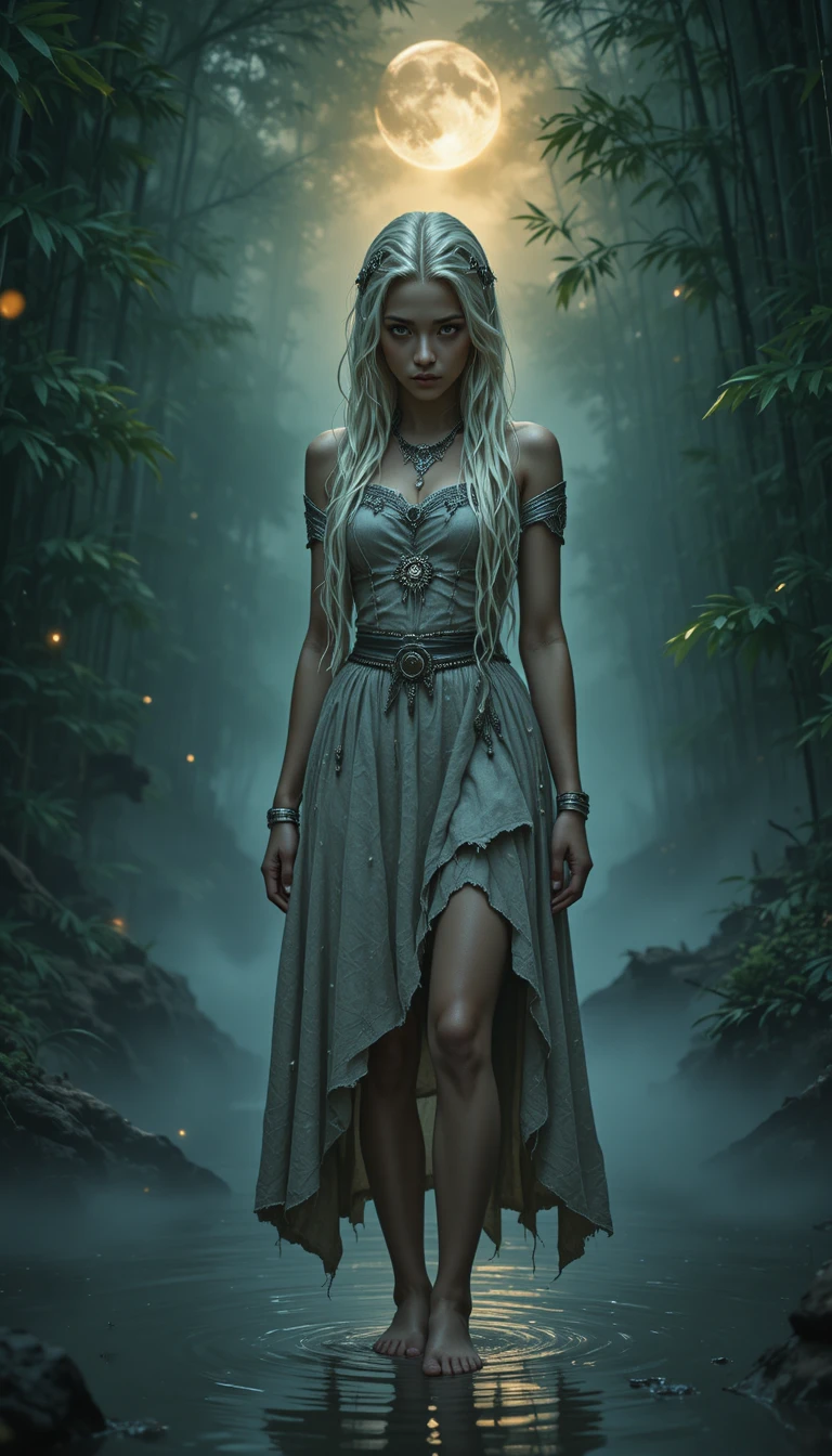 Moonlit swamp witch standing in misty enchanted water