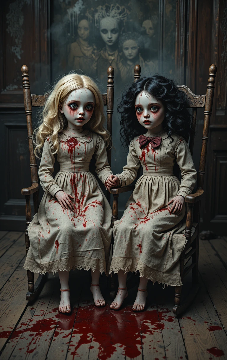 Creepy porcelain dolls in rocking chairs on bloody floor