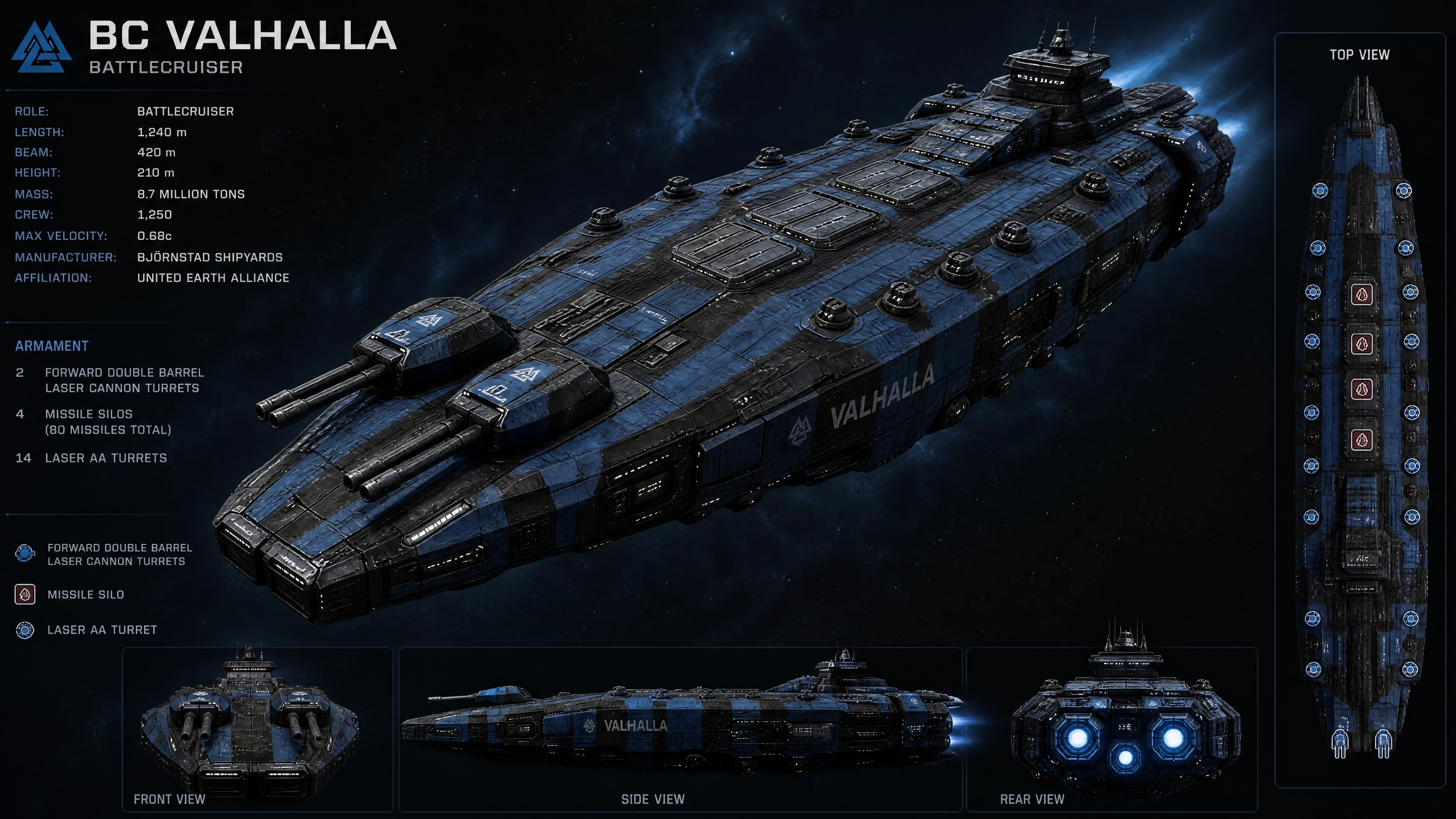 Blue and black space battlecruiser with heavy laser cannons