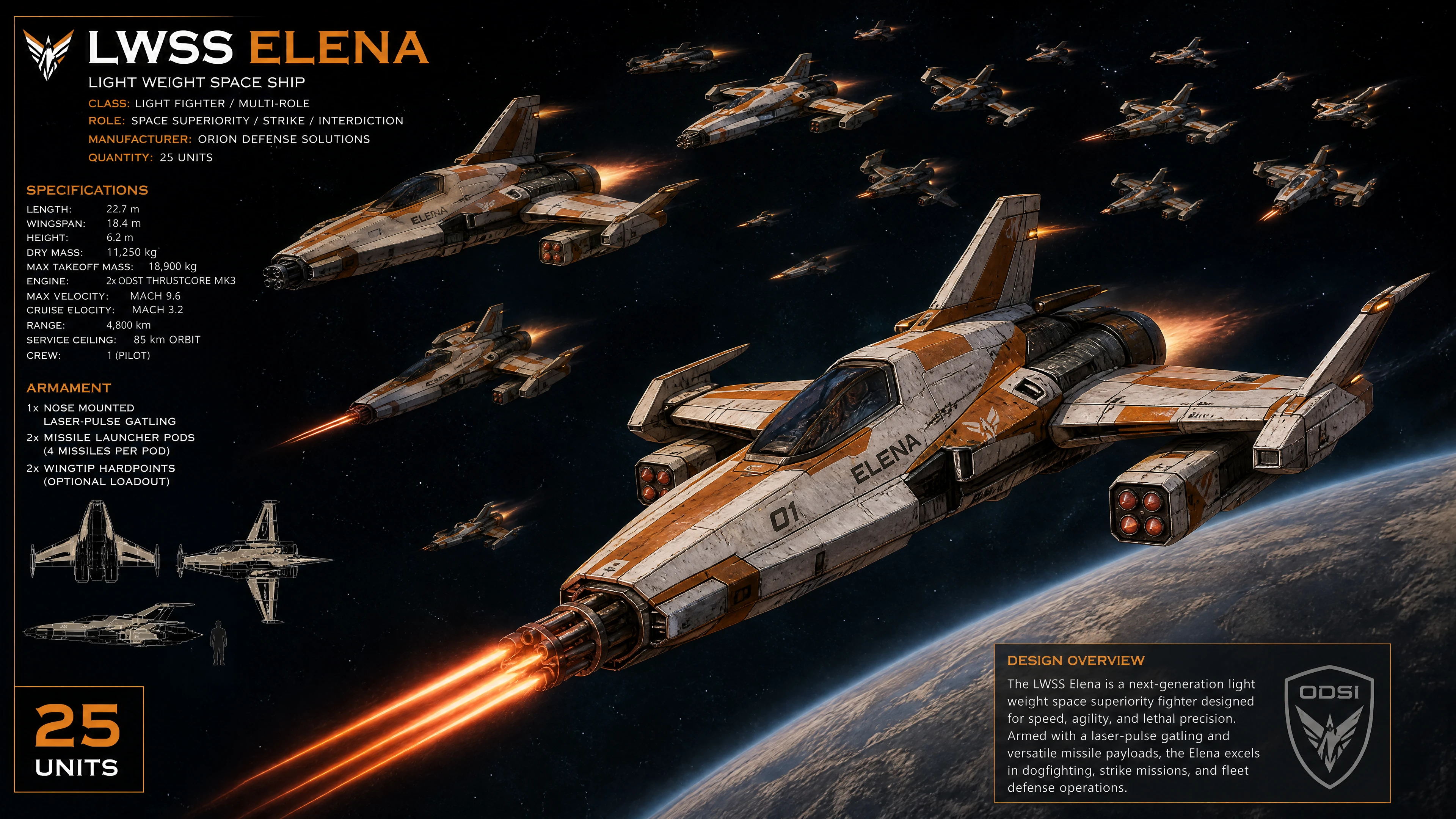 Fleet of lightweight striped spaceships armed with lasers