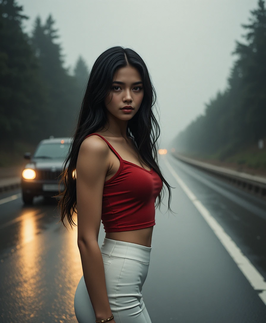 Young woman on a rainy highway at twilight