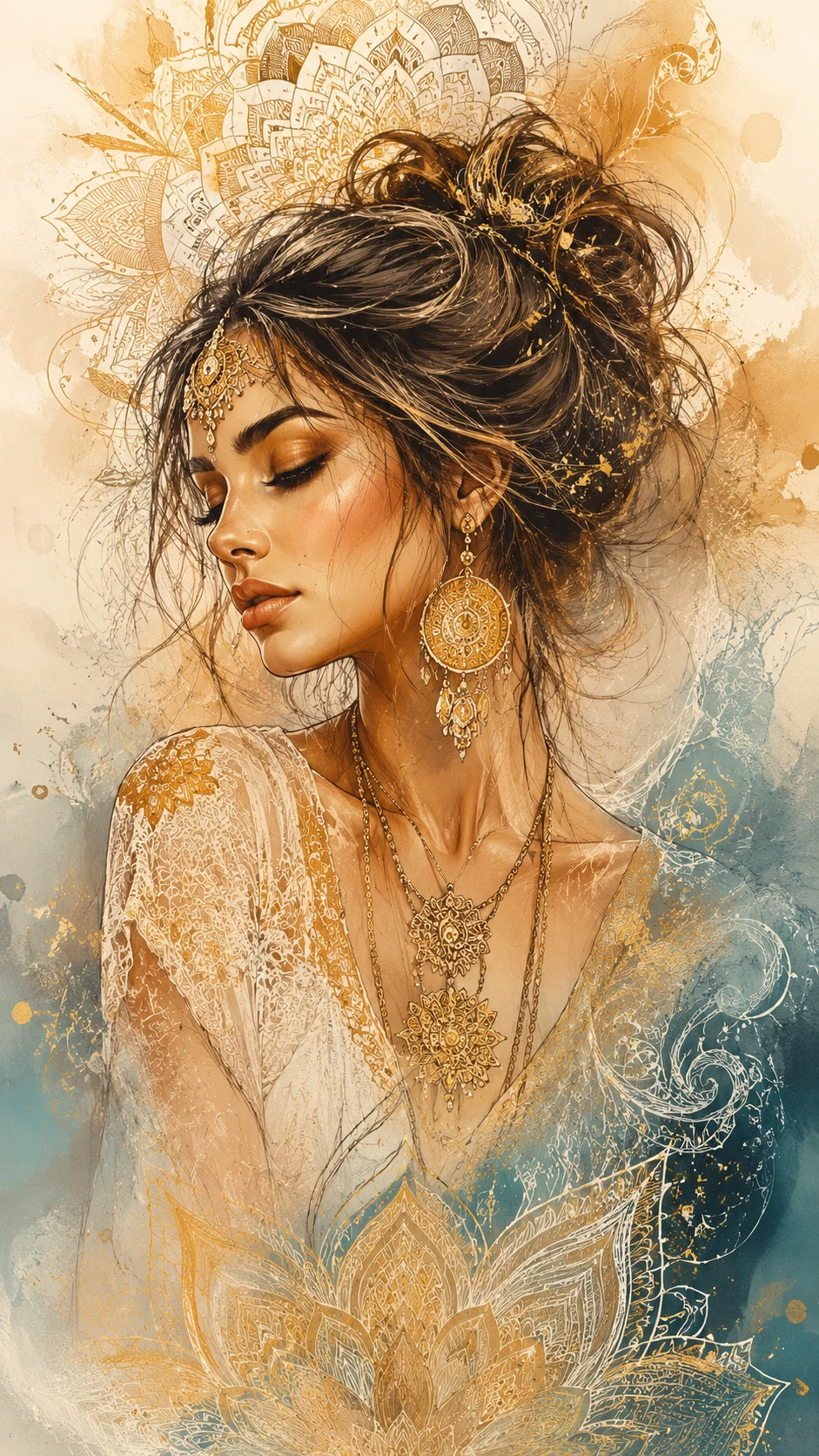 Boho mandala lady with flowing colors and golden details