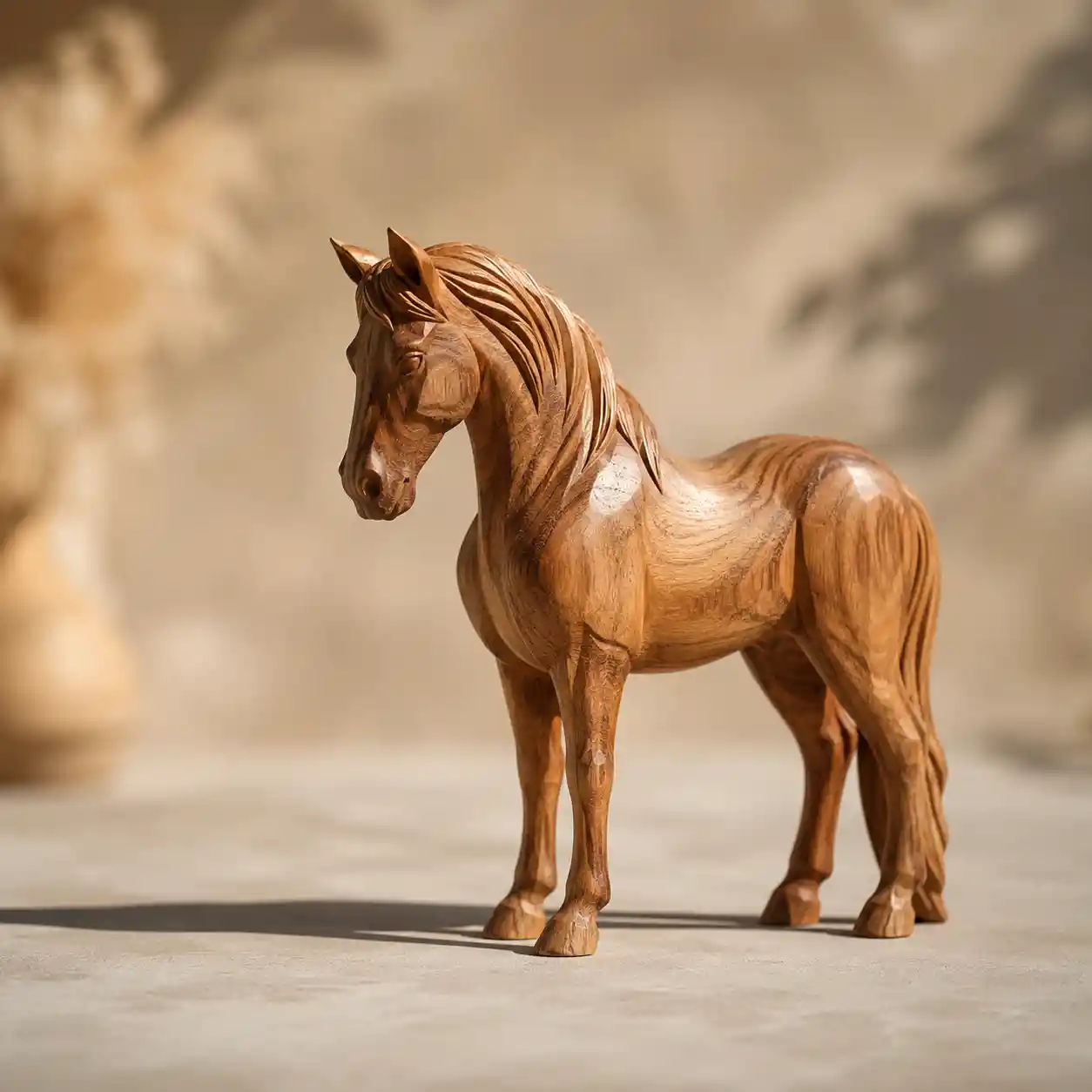 Wooden horse sculpture on smooth concrete surface