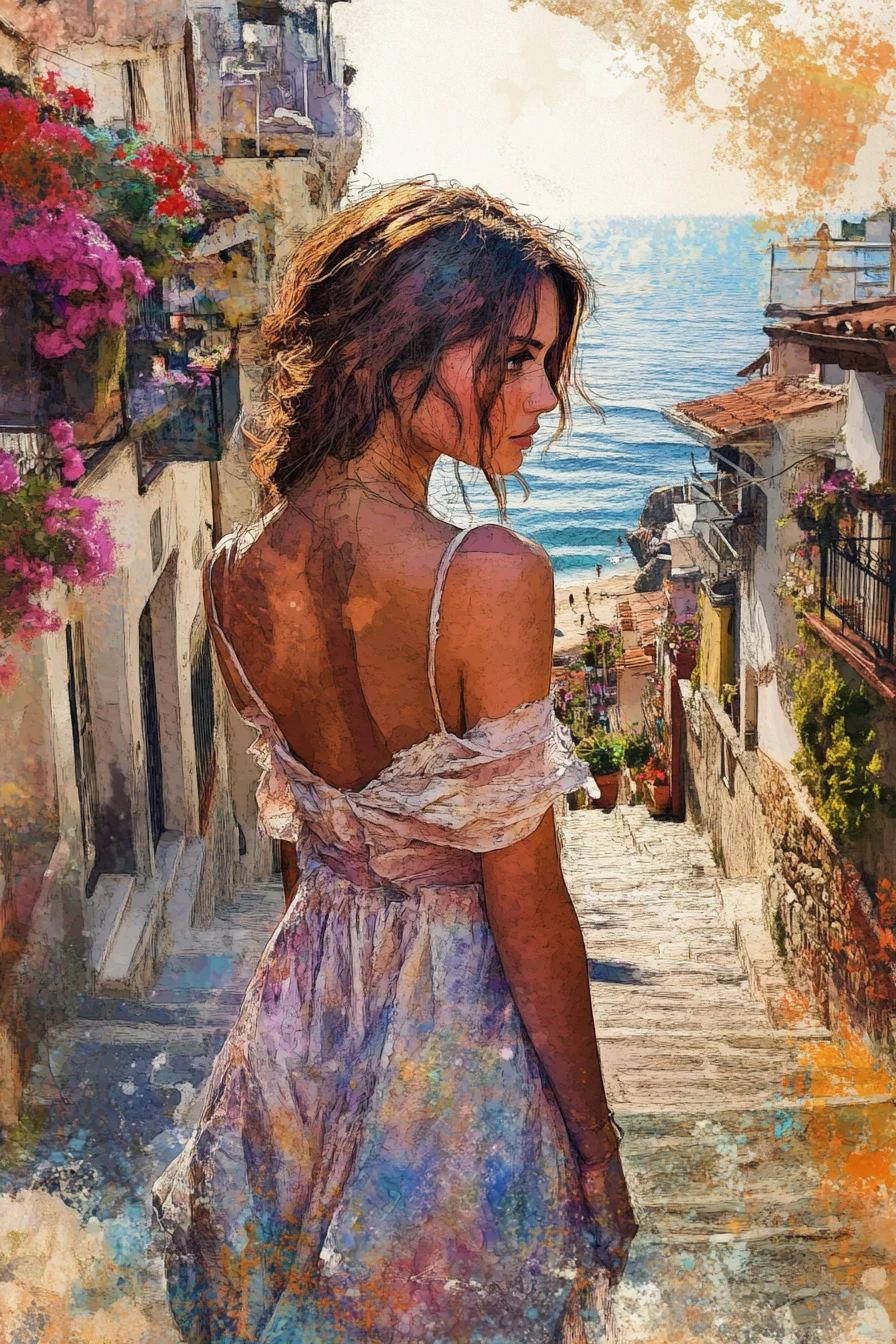 Young woman in tattered gown on narrow street at sunset