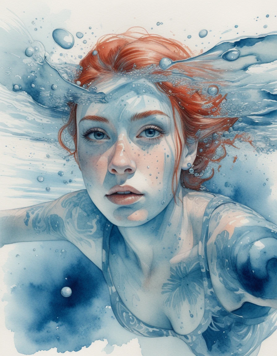 Determined woman swimming just beneath a turquoise water surface