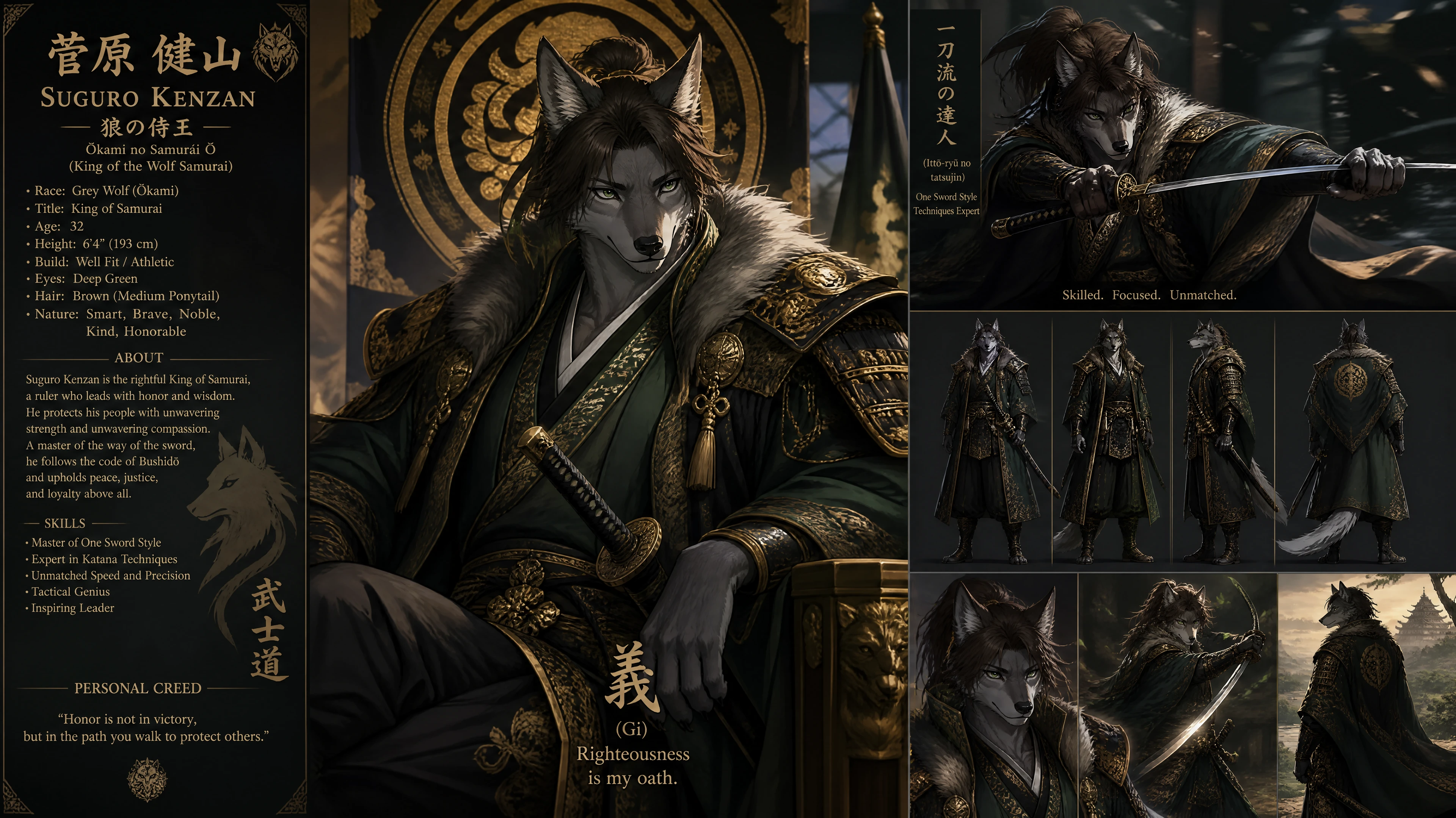 Noble wolf samurai king in ornate royal armor