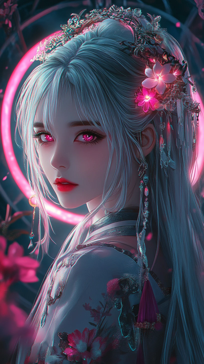 Anime-Mädchen in aufwendigem Blumenoutfit mit neonpinkem Leuchten