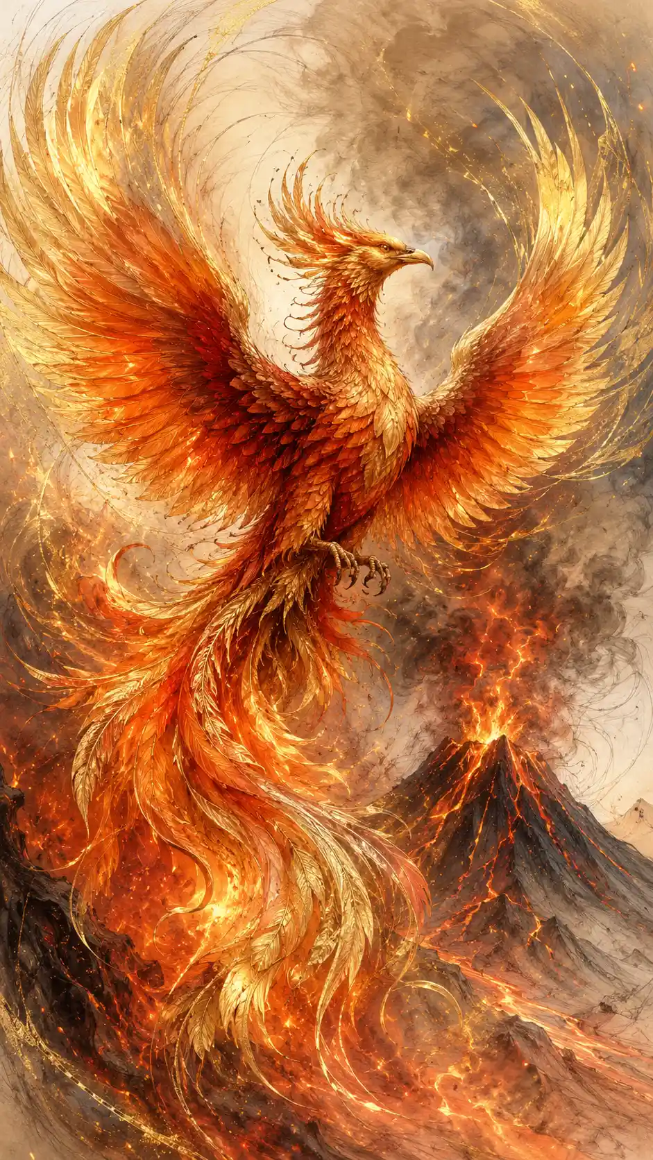 Phoenix rising from fire before an erupting volcano
