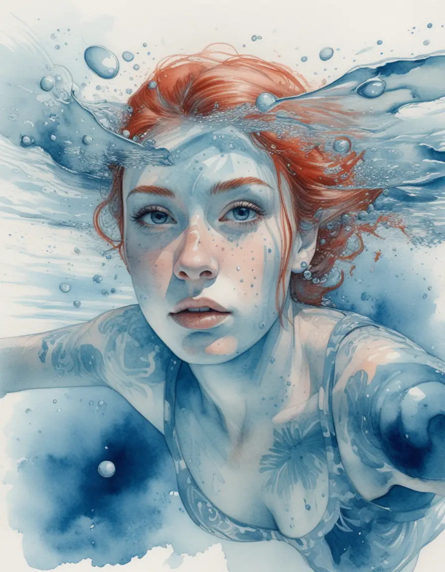 Determined woman swimming just beneath a turquoise water surface