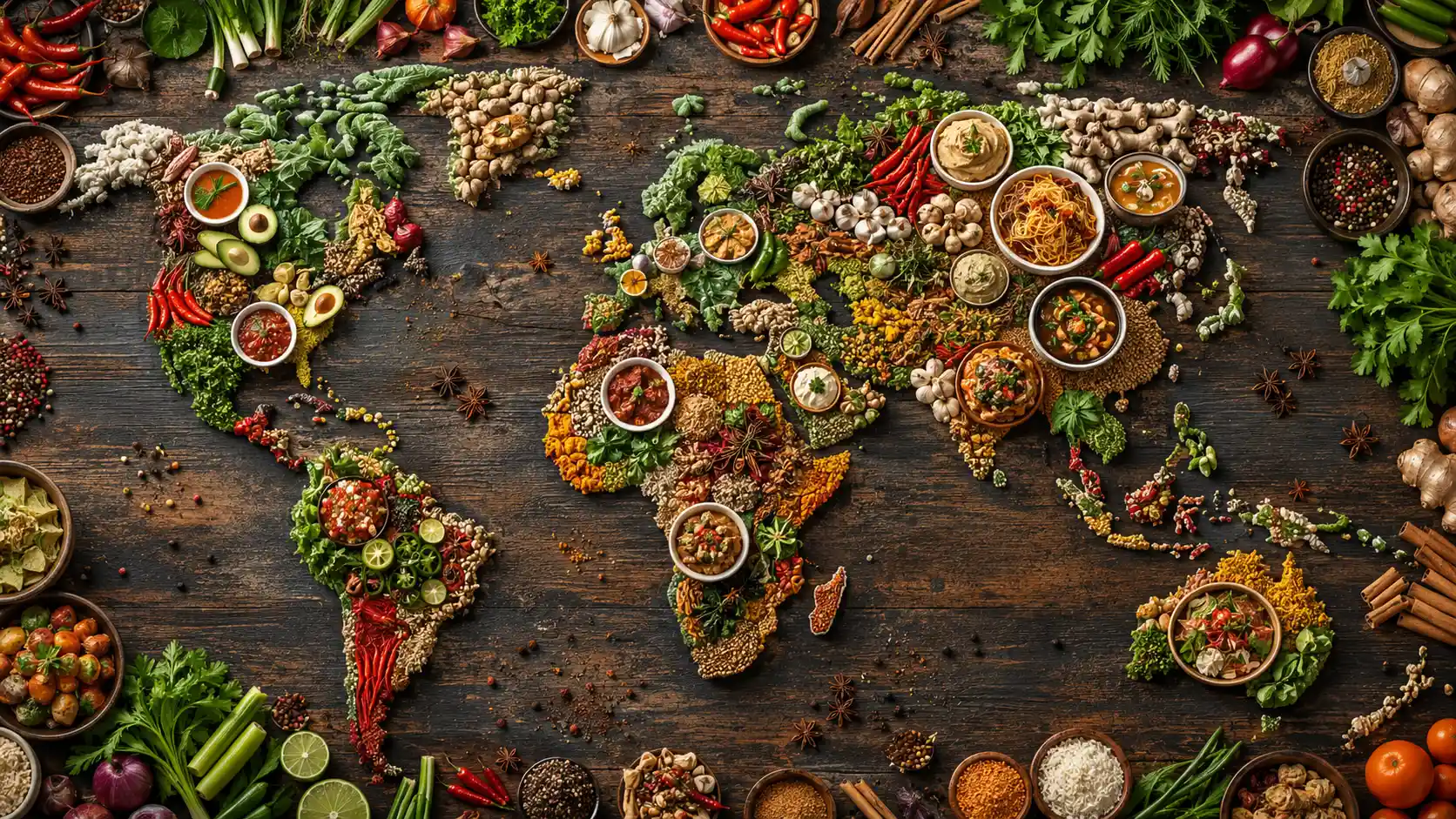 World map shaped from fresh vegetables and aromatic spices