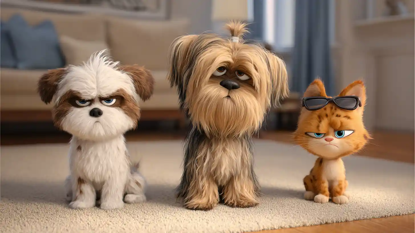 Wütende kleine Hunde und eine coole Katze in einem gemütlichen Wohnzimmer
