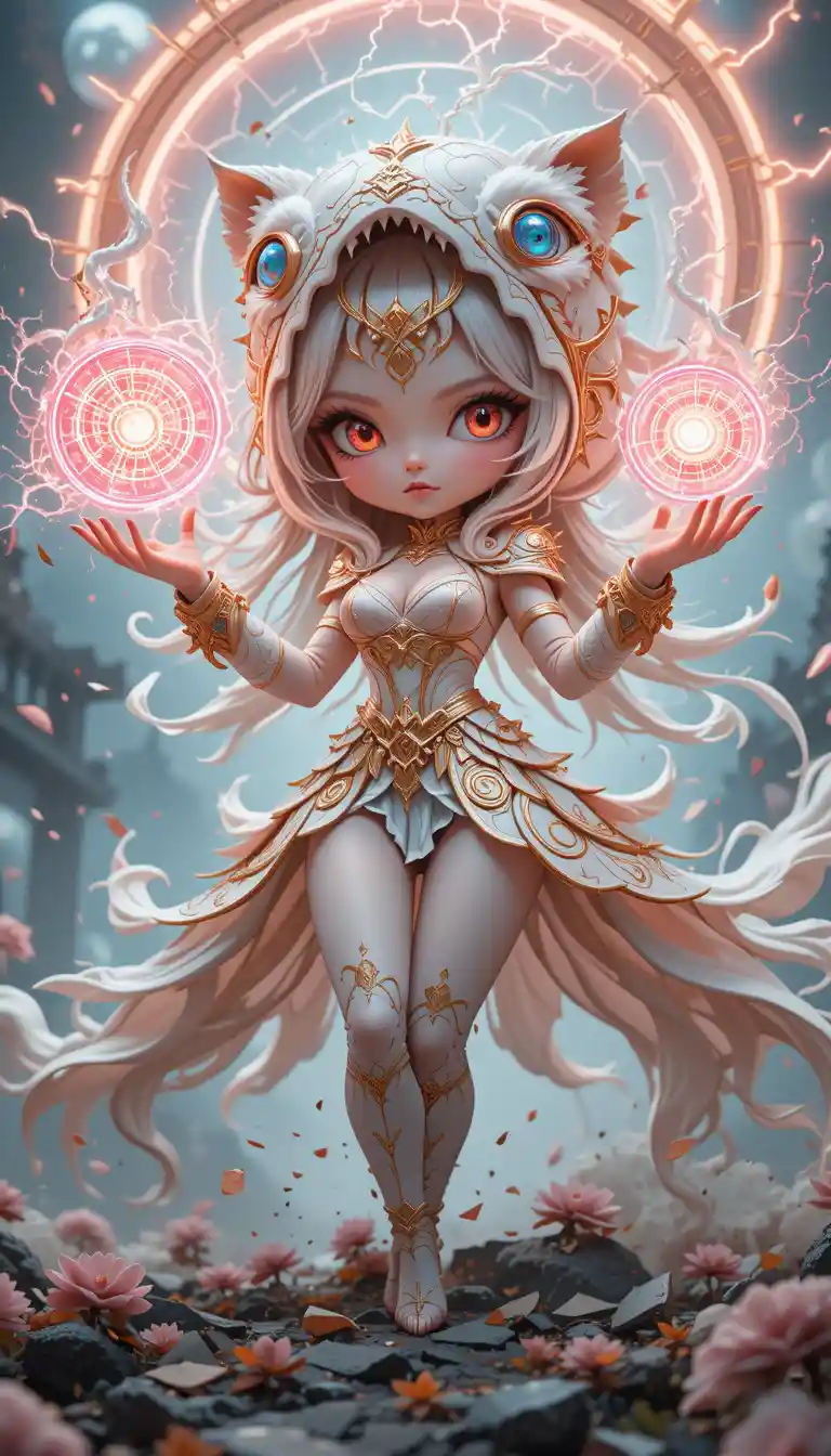 Mythical cloud warrior charging power in a glowing palace