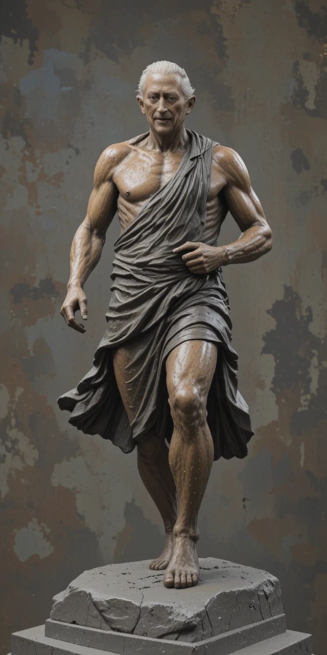 Bronze runner statue in mid stride with intense forward gaze