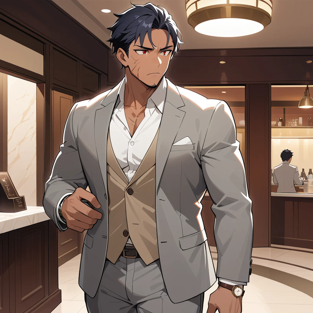 Scarred middle aged man in a suit in restaurant lobby