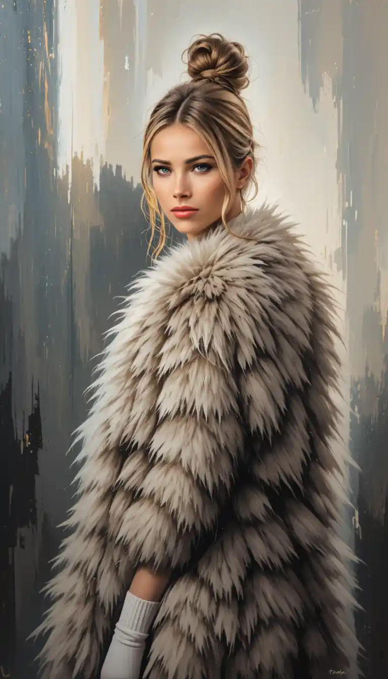 Young woman in fur jacket posing in cinematic profile