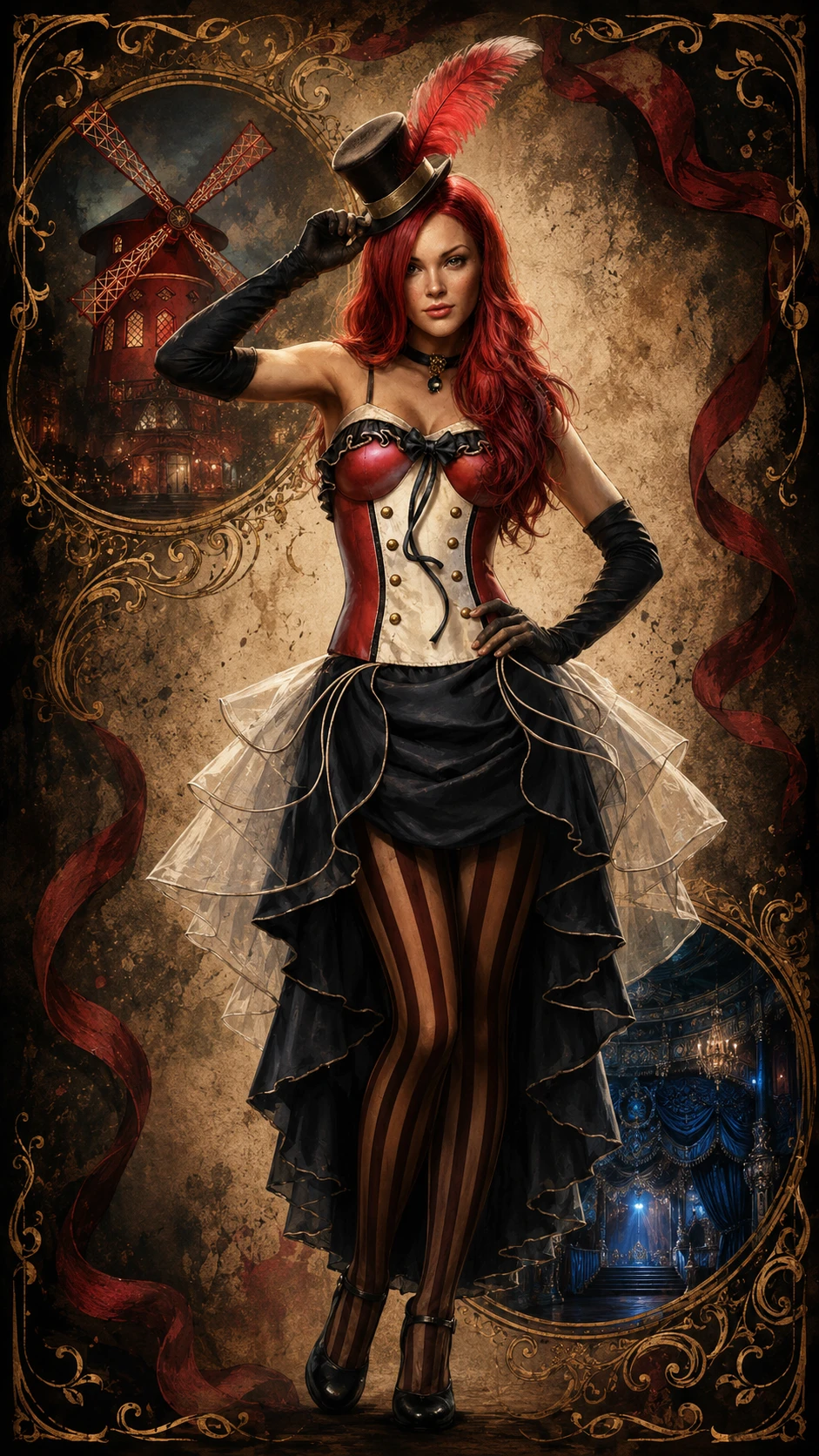 Red haired burlesque woman in theatrical cabaret costume