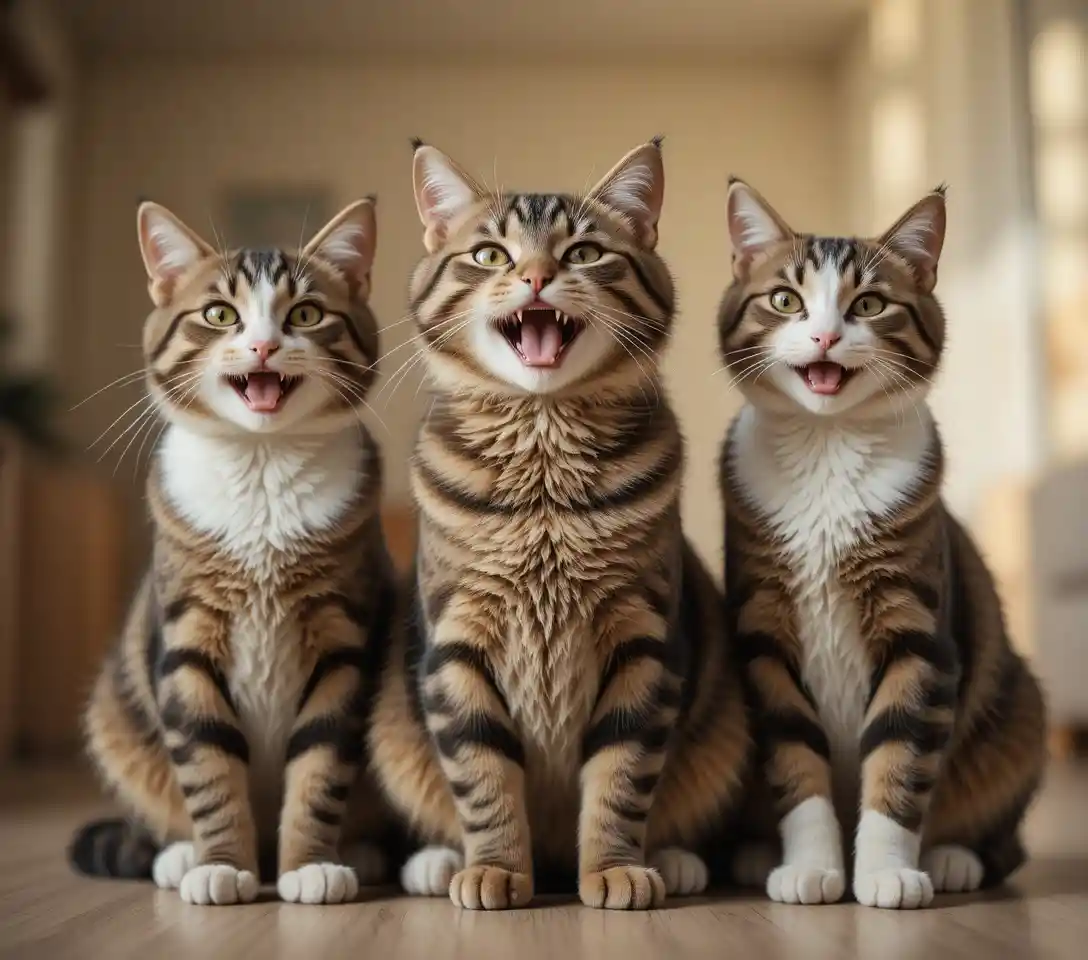 Three laughing tabby and white cats in a cozy indoor scene
