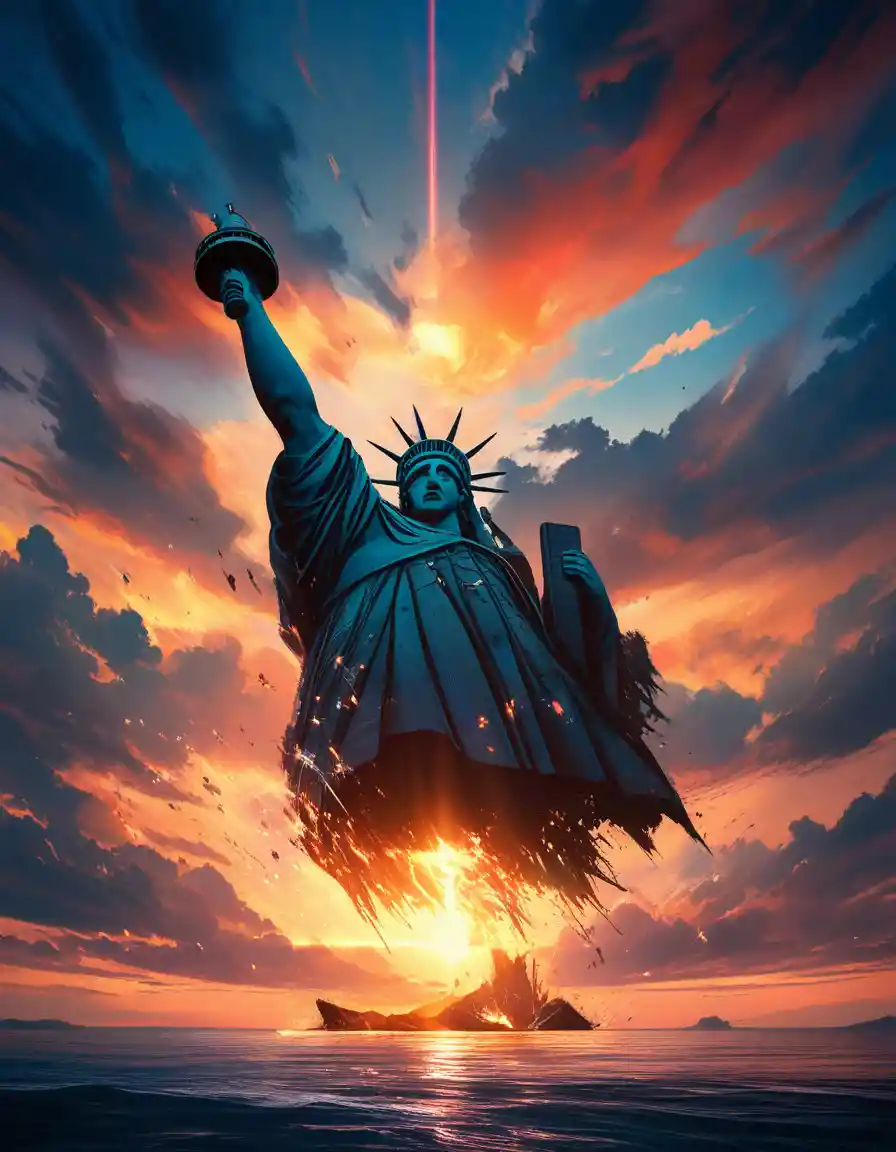 Torn American flag over rusted Statue of Liberty at sunset