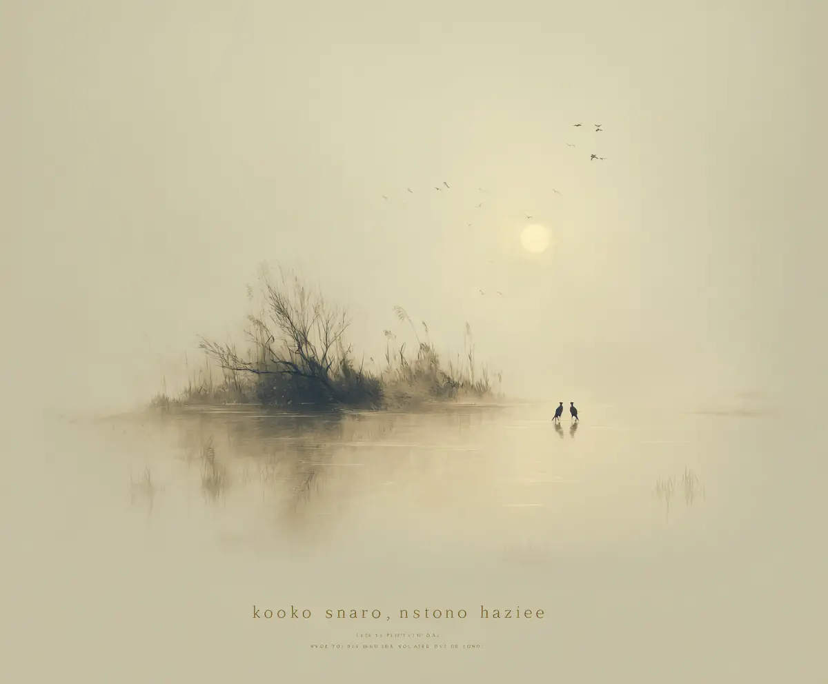 Minimalistische Seeszene mit sanftem Nebel und fernen Vögeln