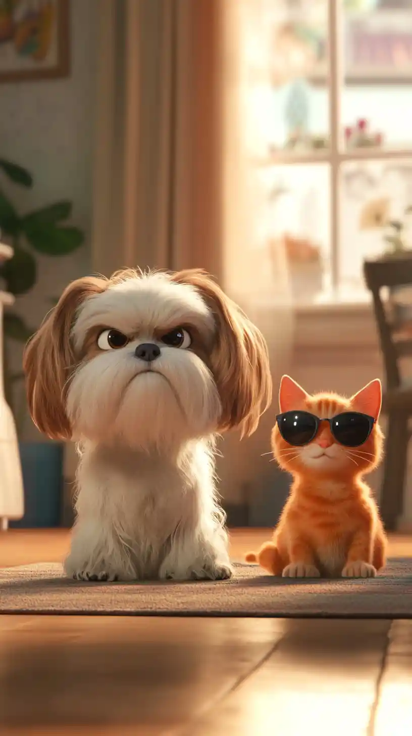 Playful kitten with small dogs in a cozy living room