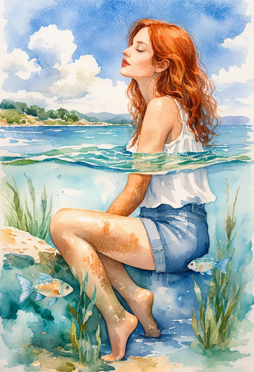 Red haired girl dreaming in turquoise split view water scene