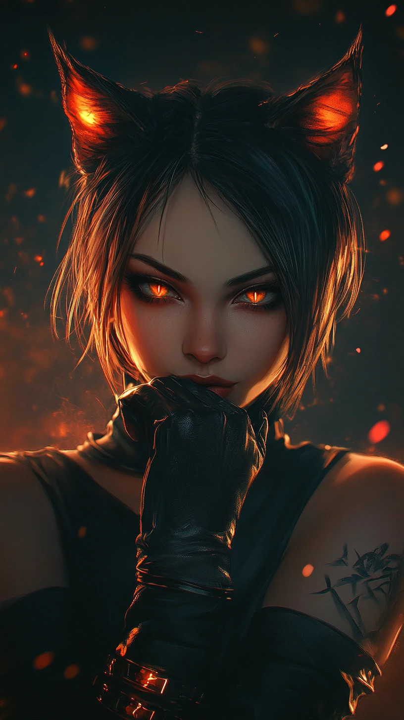 Edgy cat girl portrait with glowing backlit eyes