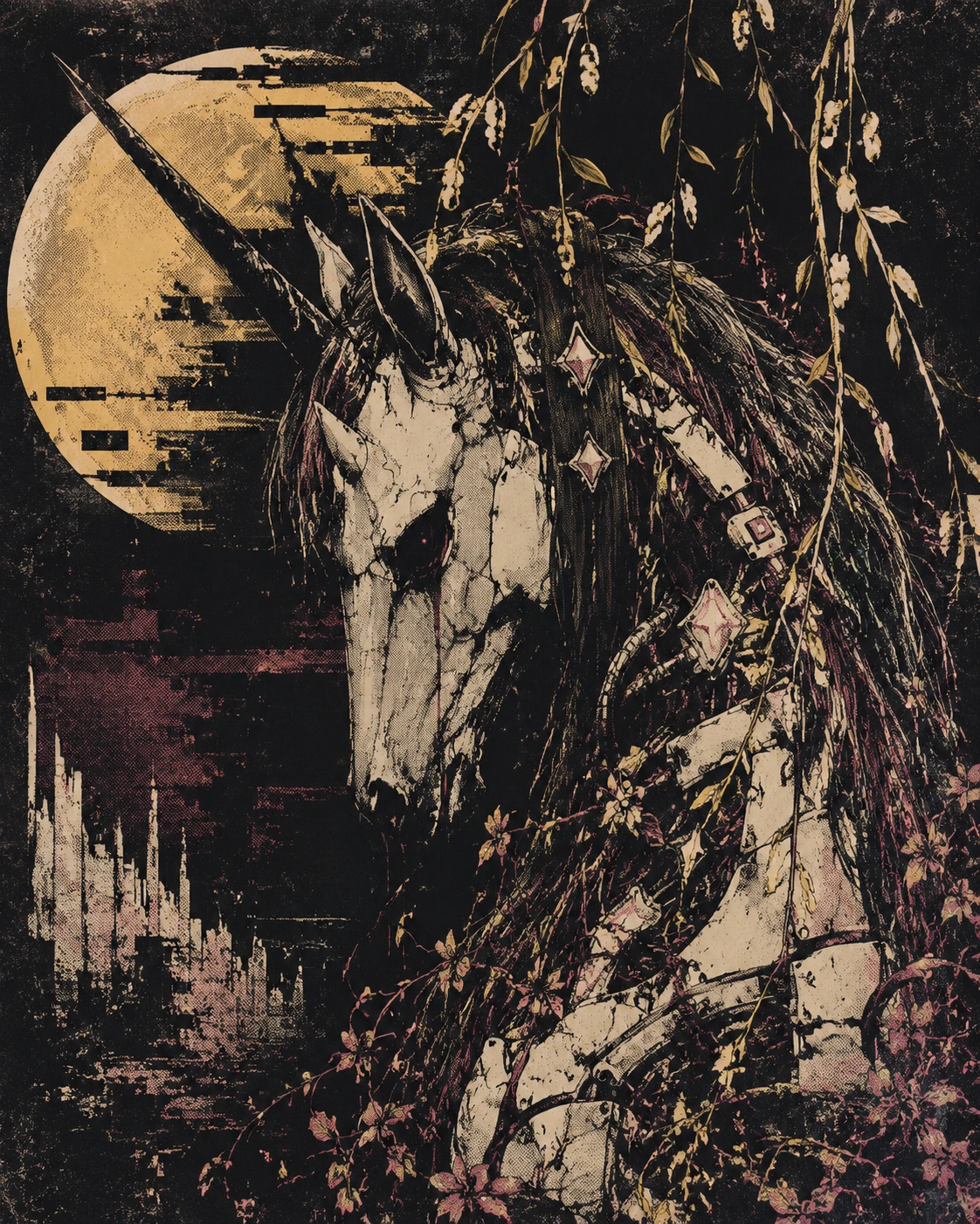 Surreal dark unicorn in a glitching nostalgic dreamscape