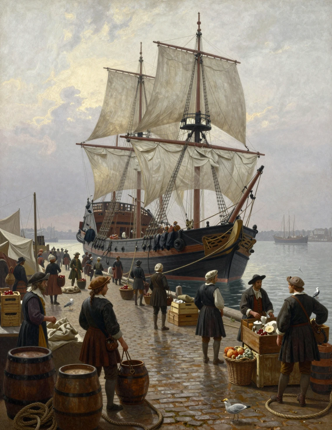Busy seventeenth century harbor market with towering sailing ship