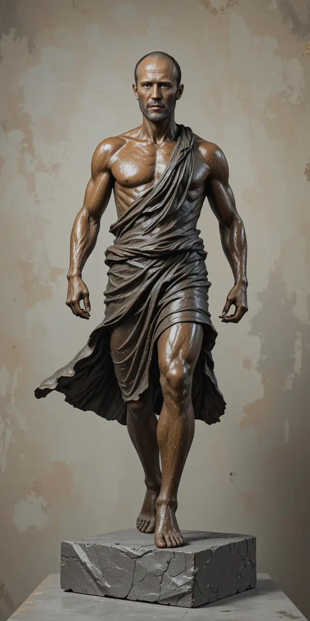 Bronze statue of a running man in flowing tunic