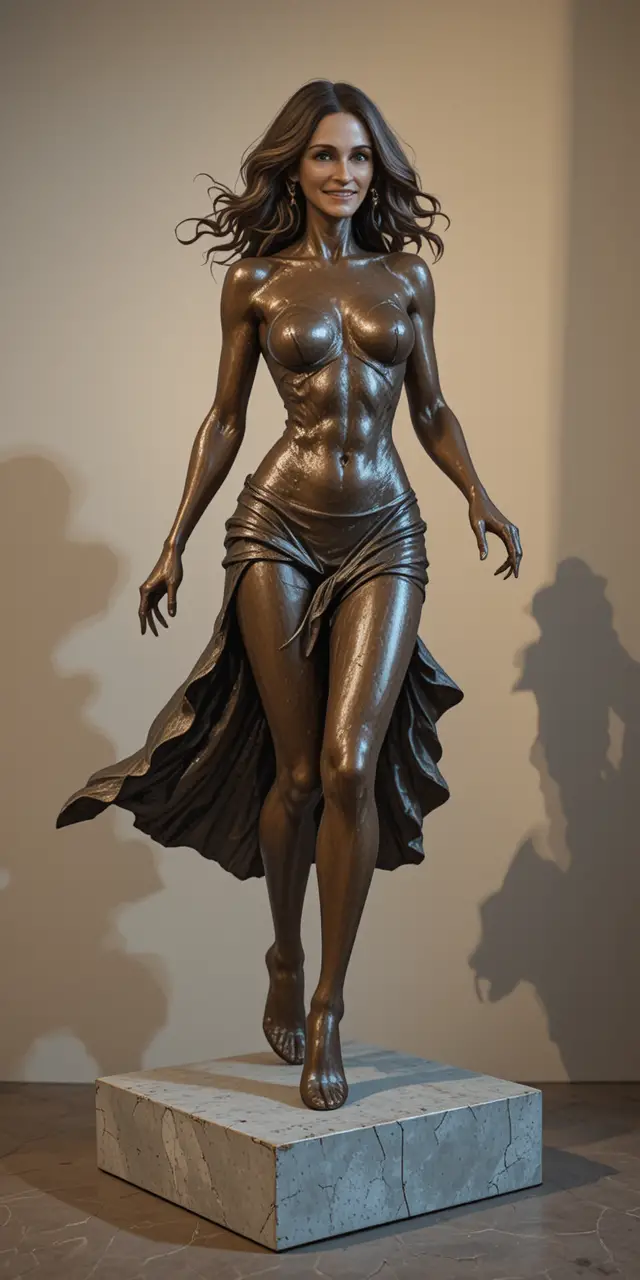 Bronze sculpture of a determined woman striding forward