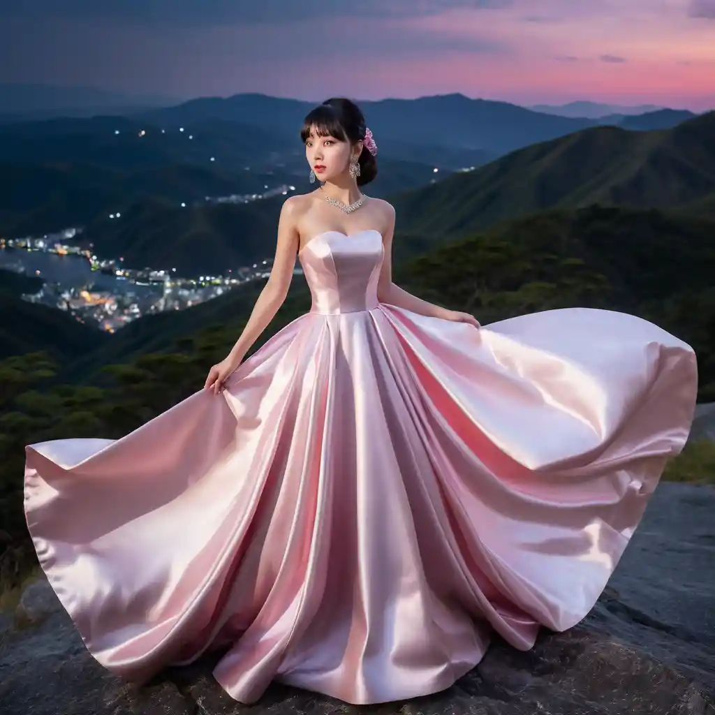 Elegant girl in pink satin gown on mountain night