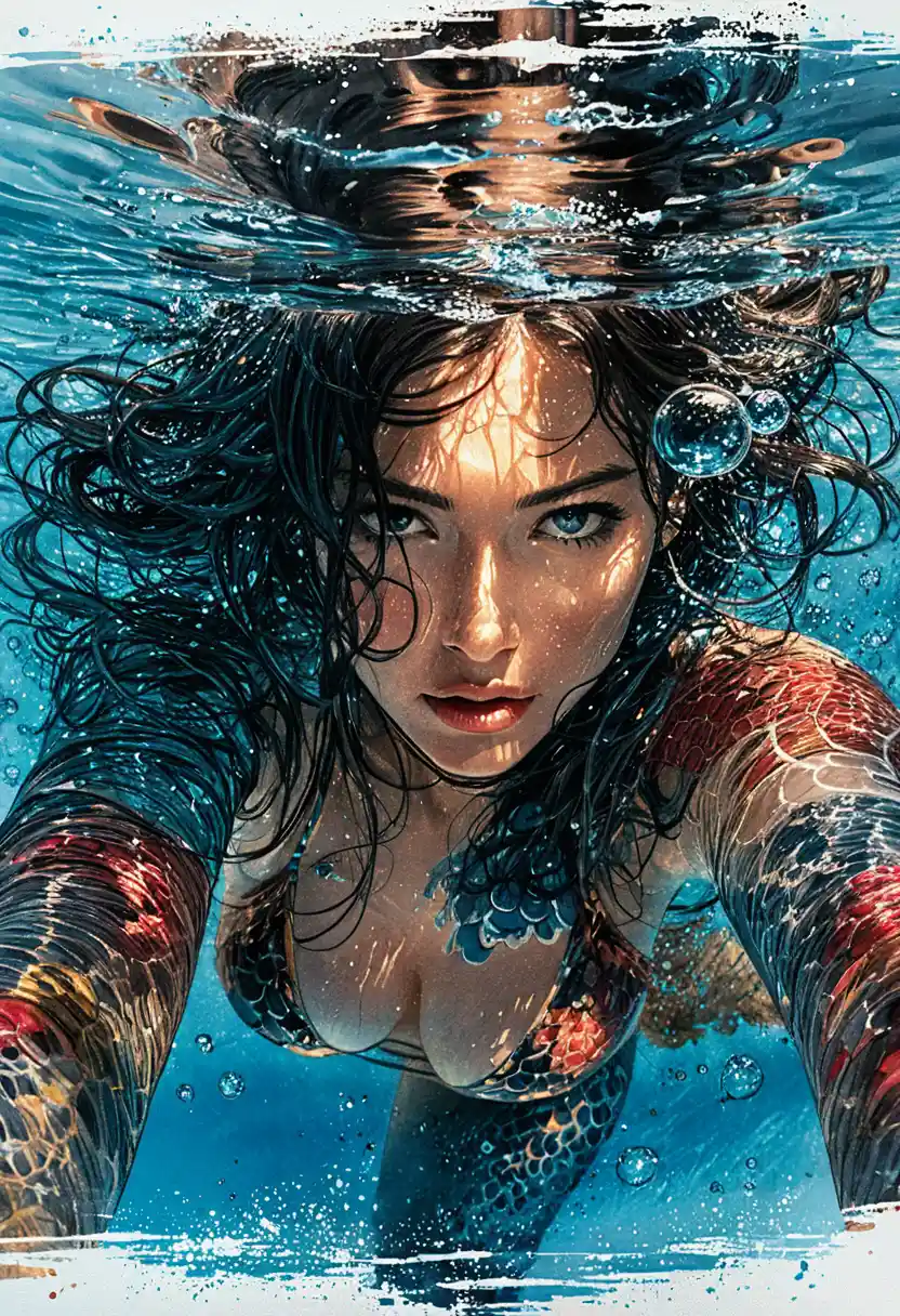 Determined woman breaking the water surface in underwater view