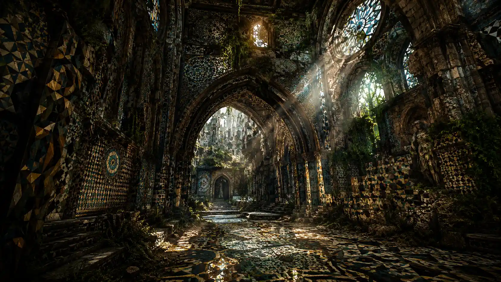 Abandoned cathedral in an overgrown forgotten fantasy city