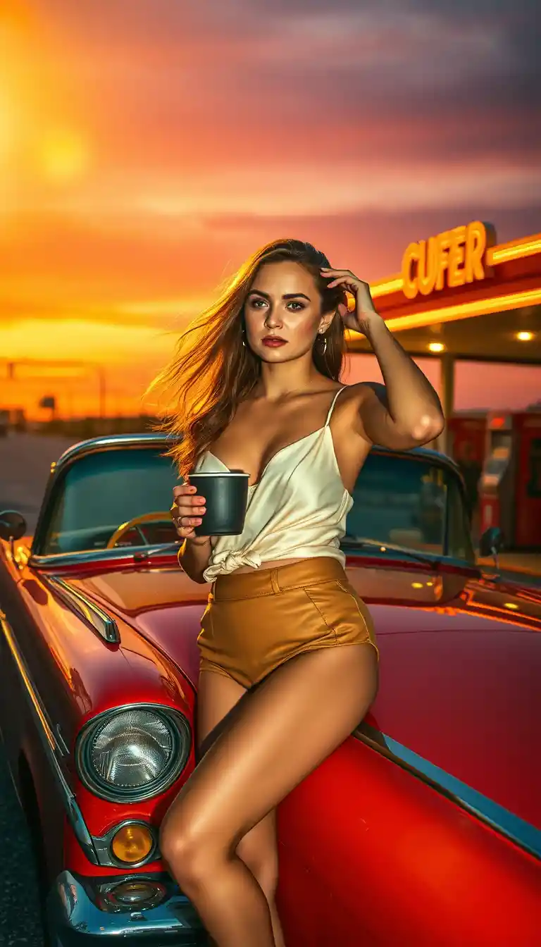 Woman by red convertible at sunset gas station
