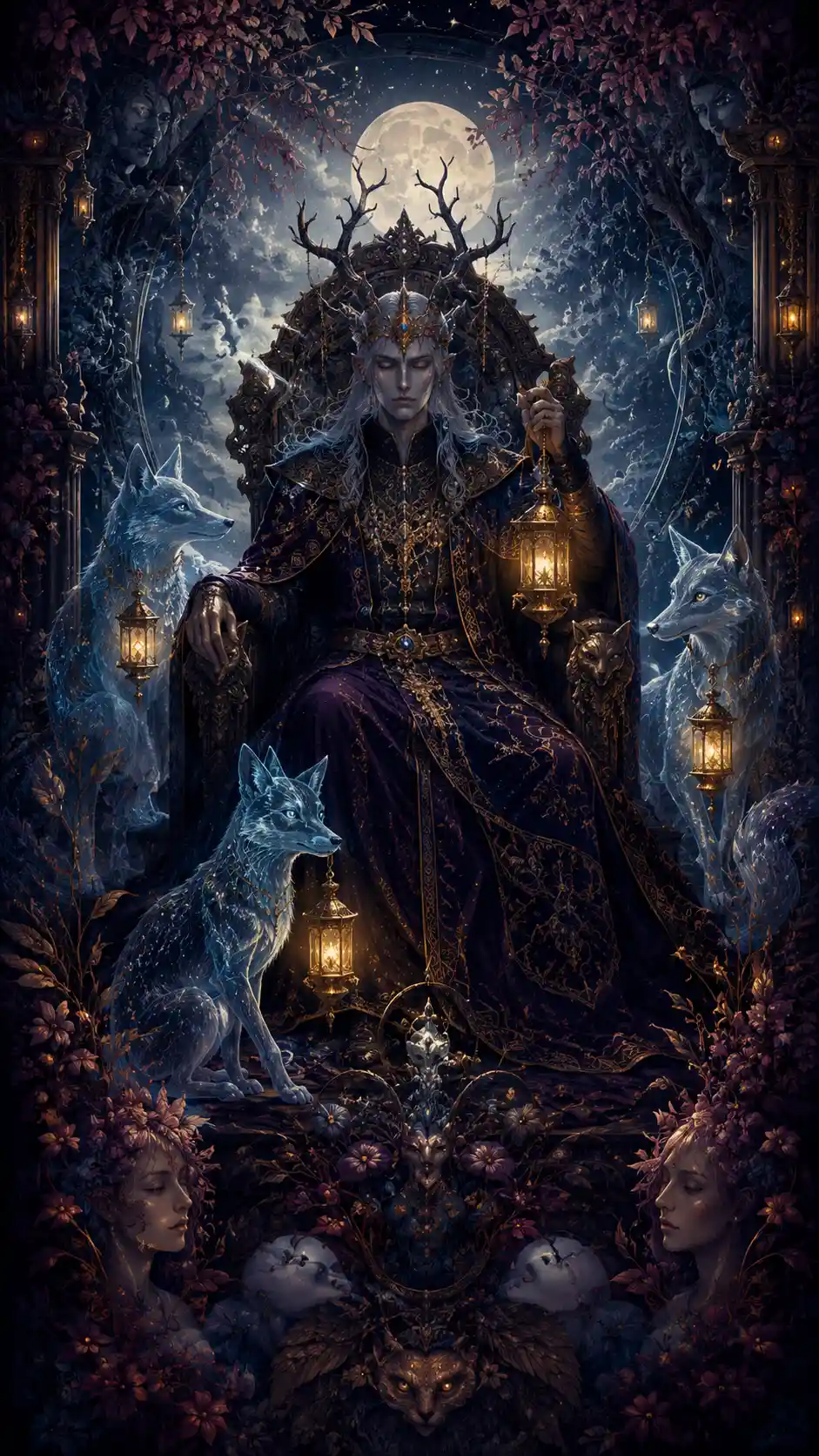 Horned monarch on a stellar throne with spectral foxes