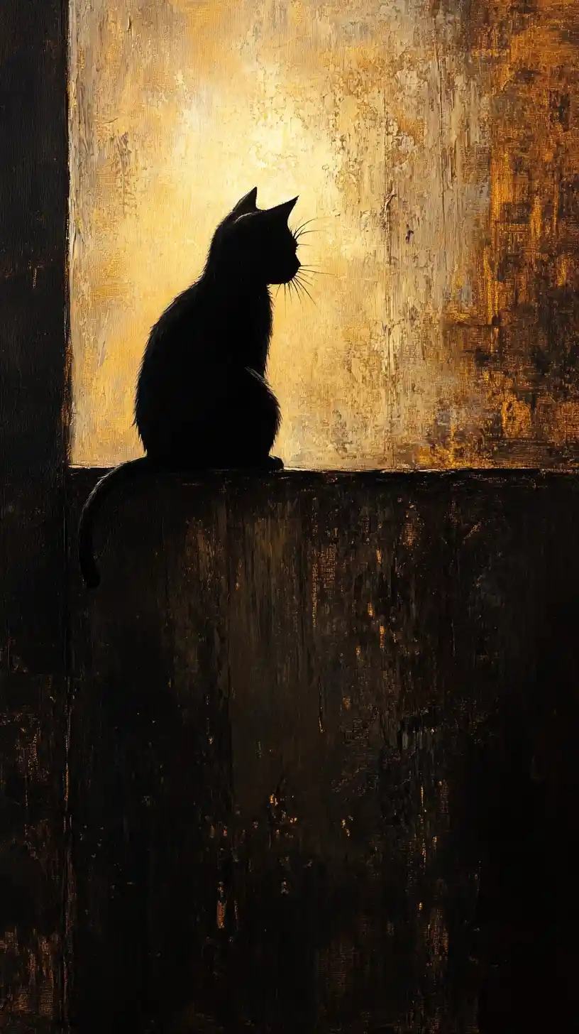 Black cat resting on a wooden ledge in warm light