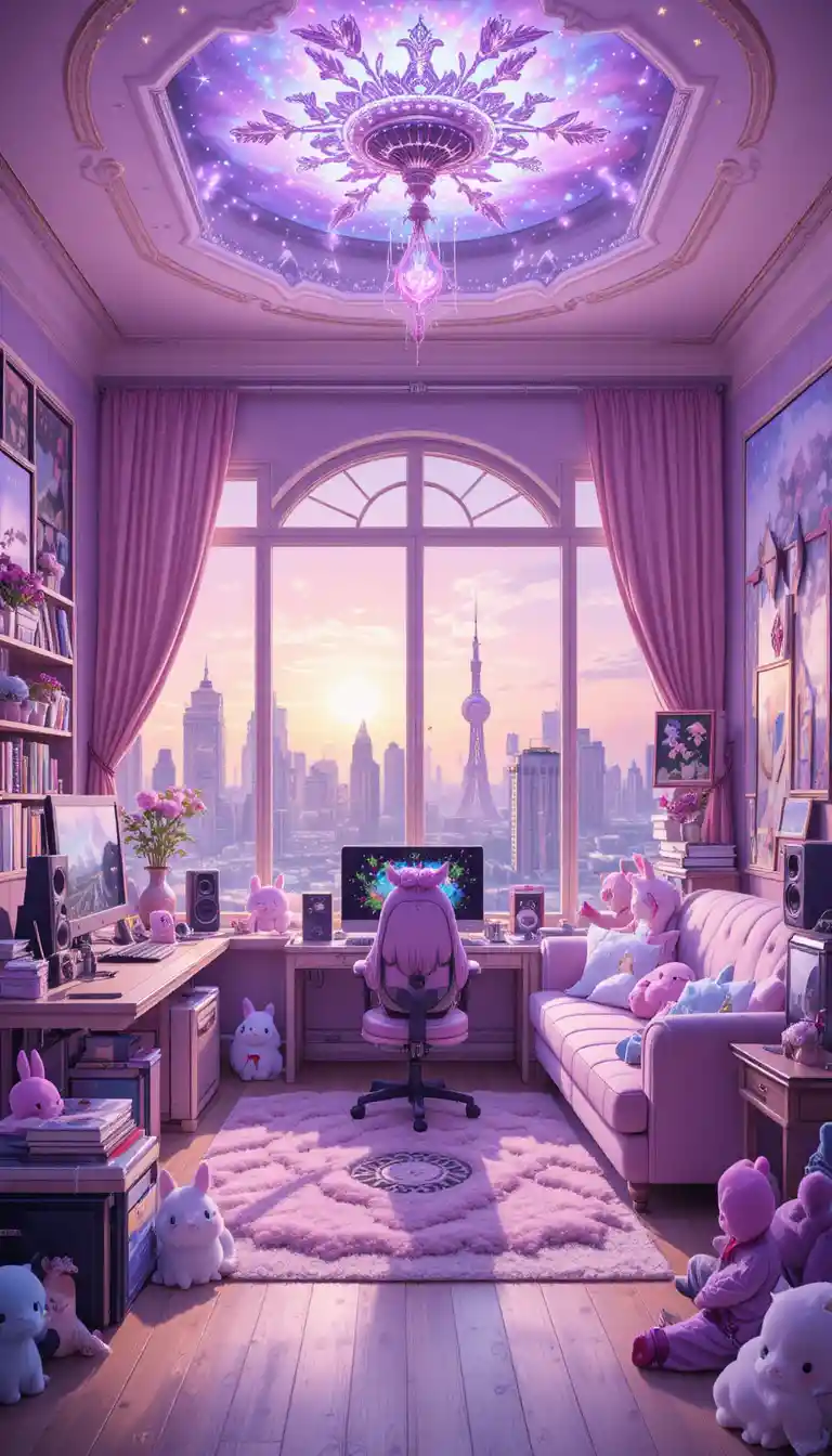 Cozy pastel bedroom with city view and gaming setup