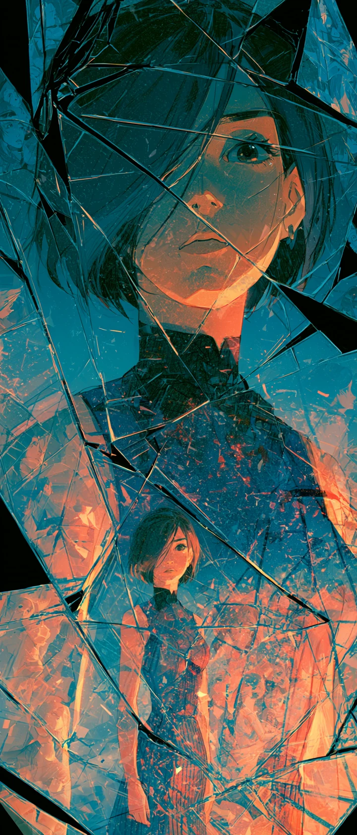 Anime woman reflected in a shattered surreal mirror scene