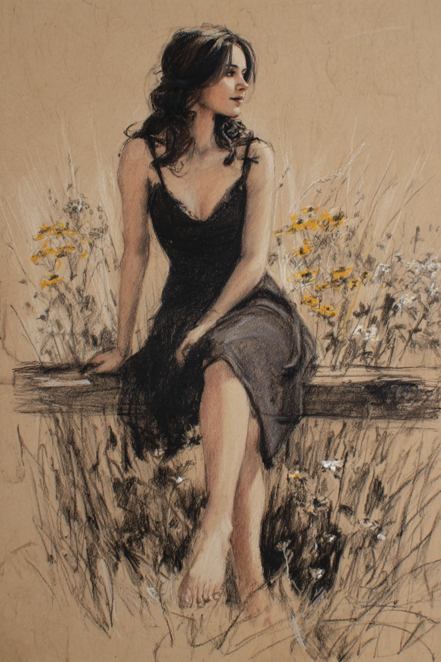 Woman on wooden beam in charcoal drawing with wildflowers