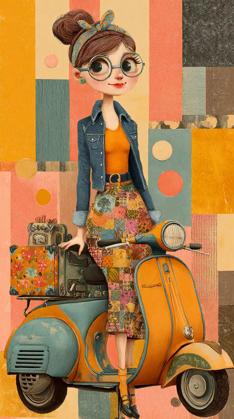 Whimsical girl on vintage scooter in patchwork colors
