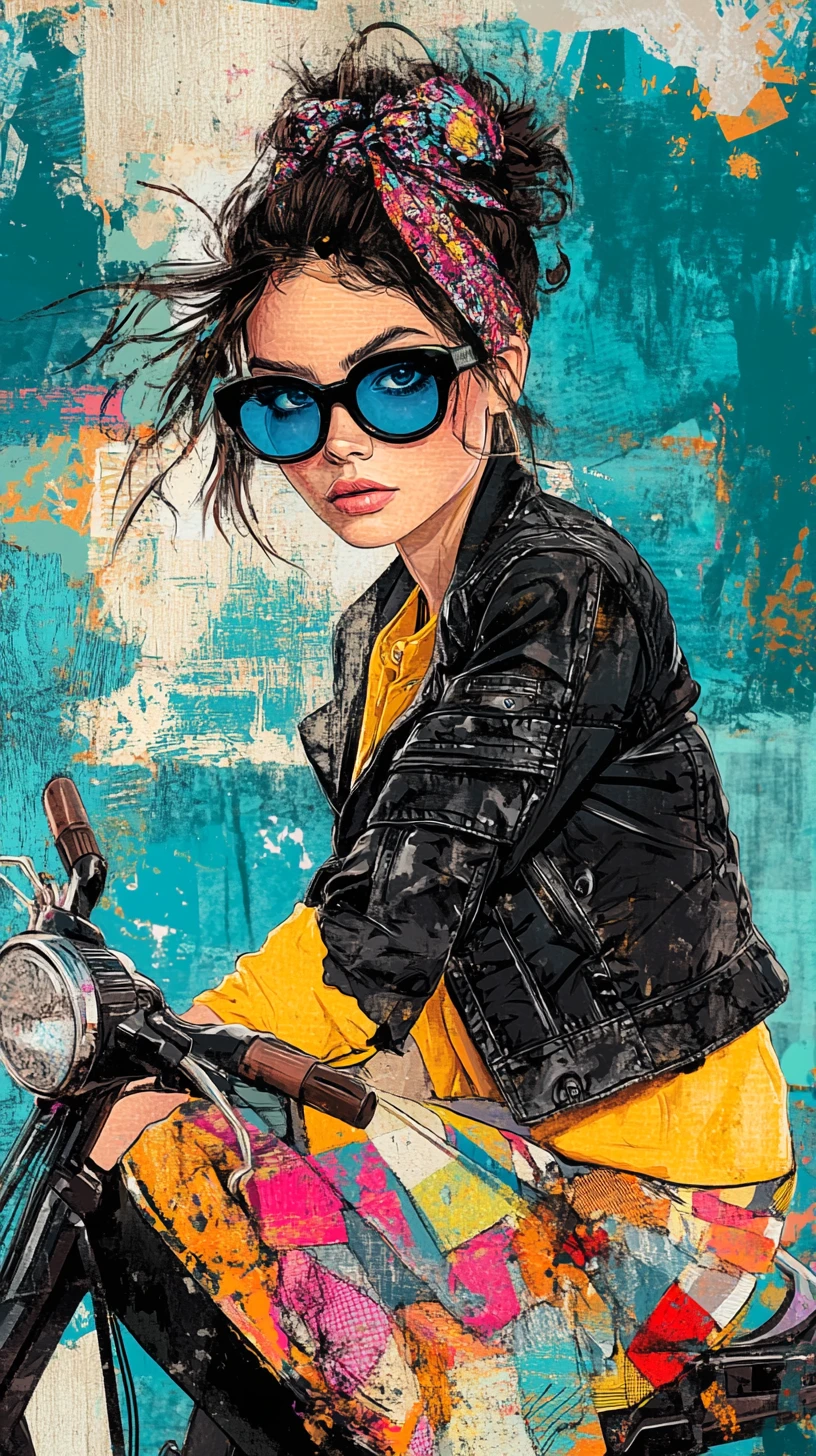 Mulher estilizada em scooter vintage em cena vibrante de pop art