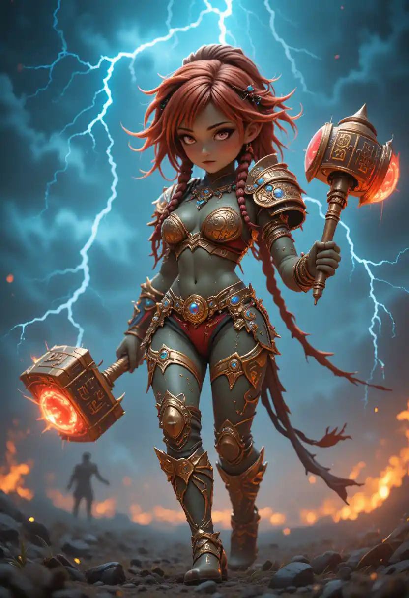 Cute chibi half orc warrior girl in glowing combat pose