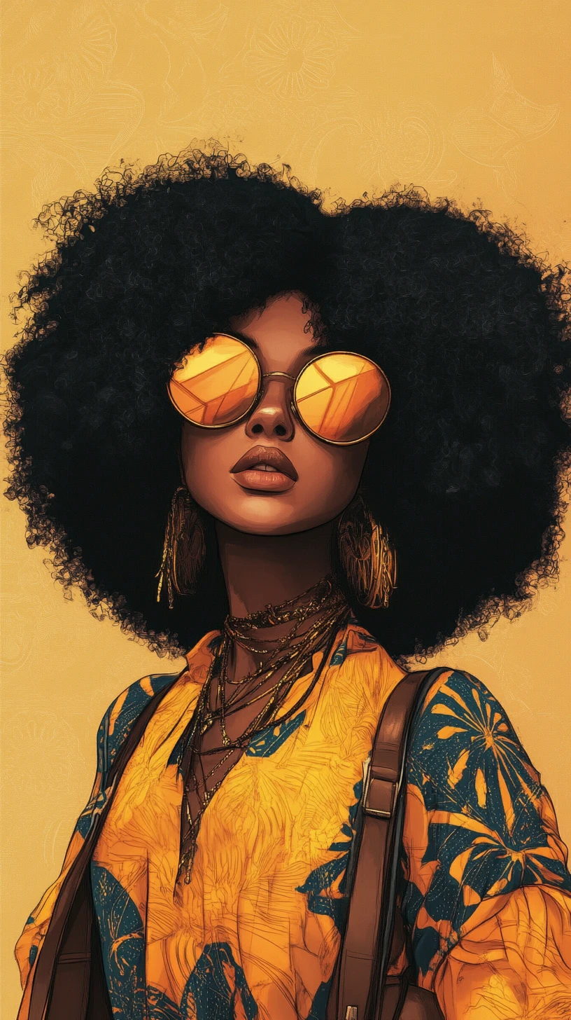 Bohemian biker woman with afro and vintage motorcycle gear